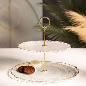Platou etajat cu 2 niveluri Lisala, Homla, 21 cm/28 cm, sticla/inox, transparent/auriu imagine