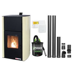Pachet Termosemineu pe peleti Fornello Fiama Confort 30 kW, cu pompa, vas expansiune, automatizare, termostat, aspirator, kit evacuare 2.5 ml, buncar 35 kg, tiraj fortat, culoare crem, pana la 200 mp imagine