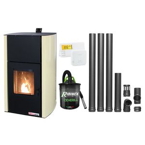 Pachet Termosemineu pe peleti Fornello Fiama Confort 30 kW, cu pompa, vas expansiune, automatizare, termostat, aspirator, kit evacuare 3.5 ml, buncar 35 kg, tiraj fortat, culoare crem, pana la 200 mp imagine