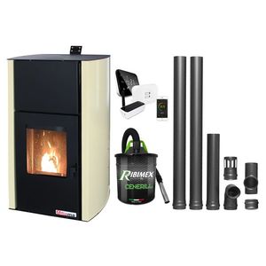 Pachet control de la distanta Termosemineu pe peleti Fornello Fiama Confort 30 kW, cu pompa, vas expansiune, automatizare, termostat, aspirator, kit evacuare 2.5 ml, buncar 35 kg, tiraj fortat, culoare crem, pana la 200 mp imagine