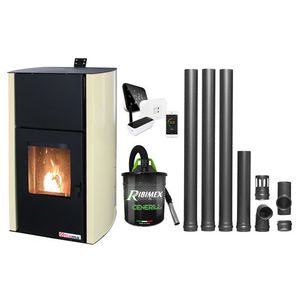 Pachet control de la distanta Termosemineu pe peleti Fornello Fiama Confort 30 kW, cu pompa, vas expansiune, automatizare, termostat, aspirator, kit evacuare 3.5 ml, buncar 35 kg, tiraj fortat, culoare crem, pana la 200 mp imagine