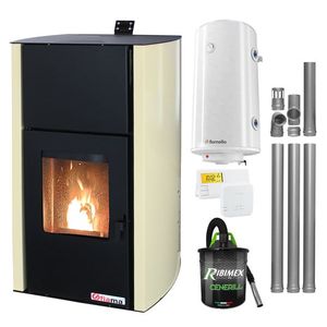 Pachet Termosemineu pe peleti Fornello Fiama Confort 30 kW, cu pompa, vas expansiune, automatizare, boiler, termostat, aspirator, kit evacuare 3.5 ml, buncar 35 kg, tiraj fortat, culoare crem, pana la 200 mp imagine
