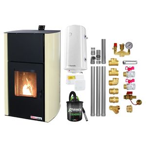 Pachet Termosemineu pe peleti Fornello Fiama Confort 30 kW, cu pompa, vas expansiune, automatizare, boiler, termostat, aspirator, kit evacuare 3.5 ml, fitinguri, buncar 35 kg, tiraj fortat, culoare crem, pana la 200 mp imagine