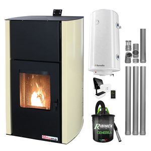 Pachet control de la distanta Termosemineu pe peleti Fornello Fiama Confort 30 kW, cu pompa, vas expansiune, automatizare, boiler, termostat, aspirator, kit evacuare 3.5 ml, buncar 35 kg, tiraj fortat, culoare crem, pana la 200 mp imagine