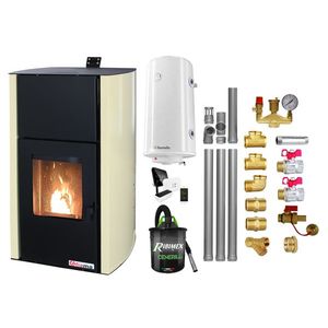 Pachet control de la distanta Termosemineu pe peleti Fornello Fiama Confort 30 kW, cu pompa, vas expansiune, automatizare, boiler, termostat, aspirator, kit evacuare 3.5 ml, fitinguri, buncar 35 kg, culoare crem, pana la 200 mp imagine