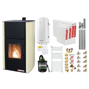 Pachet Termosemineu pe peleti Fornello Fiama Confort 30 kW, cu pompa, vas expansiune, automatizare, radiatoare otel, boiler, termostat, aspirator, kit evacuare 3.5 ml, fitinguri, buncar 35 kg, culoare crem, pana la 200 mp imagine