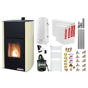 Pachet control de la distanta Termosemineu pe peleti Fornello Fiama Confort 30 kW, pompa, vas expansiune, automatizare, radiatoare otel, boiler, termostat, aspirator, kit evacuare 3.5 ml, fitinguri, buncar 35 kg, culoare crem, pana la 200 mp imagine