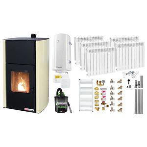 Pachet Termosemineu pe peleti Fornello Fiama Confort 30 kW, cu pompa, vas expansiune, automatizare, calorifere aluminiu, boiler, termostat, aspirator, kit evacuare 3.5 ml, fitinguri, buncar 35 kg, culoare crem, pana la 200 mp imagine