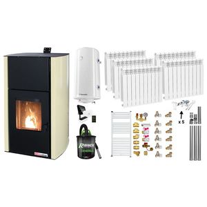 Pachet Control de la distanta Termosemineu pe peleti Fornello Fiama Confort 30 kW, pompa, vas expansiune, automatizare, calorifere aluminiu, boiler, termostat, aspirator, kit evacuare, fitinguri, buncar 35 kg, culoare crem, pana la 200 mp imagine