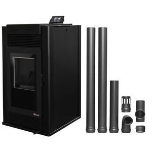 Pachet Semineu pe peleti cu aer cald Fiama Maxima 14 kw, aprindere electrica, tiraj fortat, wifi, focar din fonta, recomandat pentru 140 mp, Black, Kit evacuare 2.5 ml imagine