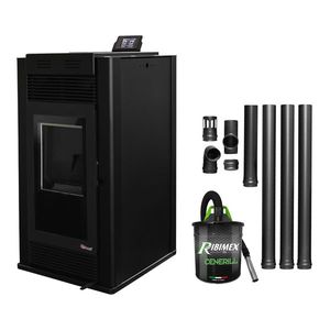 Pachet Semineu pe peleti cu aer cald Fiama Maxima 14 kw, aprindere electrica, tiraj fortat, wifi, focar din fonta, recomandat pentru 140 mp, Black, Kit evacuare 3.5 ml si Aspirator cenusa imagine