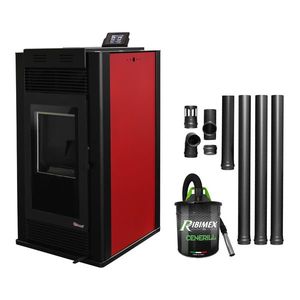 Pachet Semineu pe peleti cu aer cald Fiama Maxima 14 kw, aprindere electrica, tiraj fortat, wifi, focar din fonta, recomandat pentru 140 mp, Bordeaux, Kit evacuare 3.5 ml si Aspirator cenusa imagine