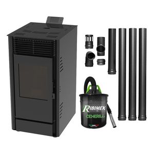 Pachet Semineu pe peleti cu aer cald Fiama Fuoco 8 kw, aprindere electrica, tiraj fortat, wifi, focar din fonta, recomandat pentru 75 mp, Black, Kit evacuare 3.5 ml si Aspirator cenusa imagine