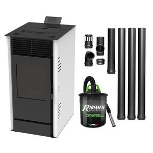 Pachet Semineu pe peleti cu aer cald Fiama Fuoco 8 kw, aprindere electrica, tiraj fortat, wifi, focar din fonta, recomandat pentru 75 mp, Alb, Kit evacuare 3.5 ml si Aspirator cenusa imagine