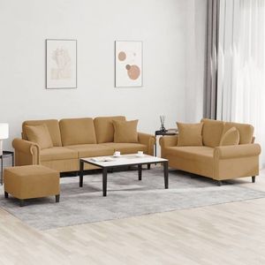 vidaXL Set de canapele cu perne, 3 piese, maro, catifea imagine