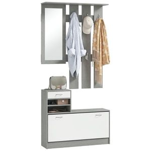 HOMCOM Mobilier pentru Hol cu Raft pentru Încălțăminte, Oglindă, 6 Cârlige, 2 Rafturi și Sertare, 90x24x177 cm, Gri | Aosom Romania imagine