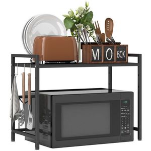 HOMCOM Suport extensibil pentru cuptor cu microunde pe 2 niveluri cu 3 cârlige, din metal, negru | Aosom Romania imagine