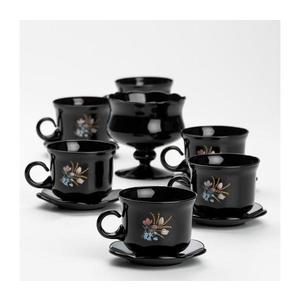 Set 6x ceașcă din sticlă cu farfurioară și 1x zaharniță, negru buchet nr. 1 imagine