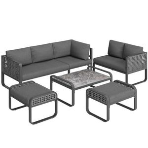 Set de lounge pentru grădină pentru 6-7 persoane, mobilier din ratan cu cadru din fier galvanizat și picioare reglabile, inclusiv perne de șezut și spătar, Gri imagine