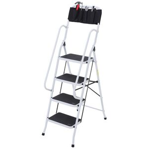 HOMCOM Scară pliabilă 4 trepte XL cu trepte antiderapante, bare duble de siguranță, geantă scule, max.1, 55 m, 150 kg, otel, alb/negru | Aosom Romania imagine
