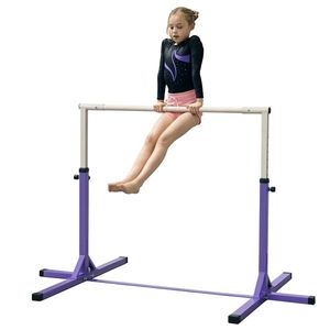 HOMCOM Bară de gimnastică pentru copii, 13 nivele reglabile, 92-150 cm, oțel violet și lemn masiv de fag, stabilă și sigură | Aosom Romania imagine