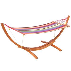 Outsunny Hamac in Tesatura in Dungi Colorat cu Suport in Lemn, 3.15x1x1.1m | Aosom Romania imagine
