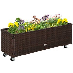 Jardiniera Inaltata Outsunny din Ratan Sintetic cu Roti Blocabile pentru Interior si Exterior, 94.5x31x36cm, Maro | Aosom Romania imagine