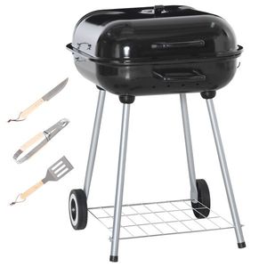Outsunny Barbecue cu cărbune BBQ cu 2 roți, ustensile, capac și raft dim. 56L x 62l x 82H cm, metal emailat negru | Aosom Romania imagine