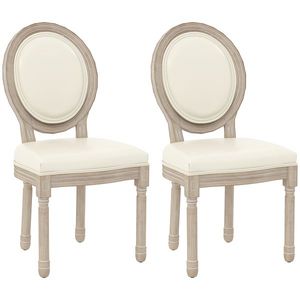 HOMCOM Set de 2 scaune de sufragerie tip medaillon în stil Louis XVI, din lemn masiv patinat, cu șezut în înveliș sintetic crem | Aosom Romania imagine