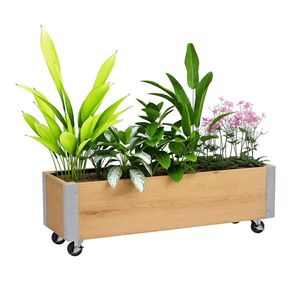 Outsunny Jardinieră pe role, jardinieră rectangulară făcut de drenaj metal lemn masiv 96 x 30, 6 x 30 cm lemn natural | Aosom Romania imagine