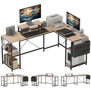 HOMCOM Birou de colț modular reversibil 168-240 cm stil industrial, raft reglabil, sac de depozitare, suport pentru ecran | Aosom Romania imagine