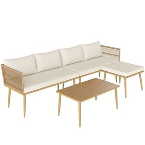 Outsunny Salon de grădină exterior din rășină impletită 5 locuri modular 2 canapele, pouf și masă de cafea, perne incluse, crem | Aosom Romania imagine