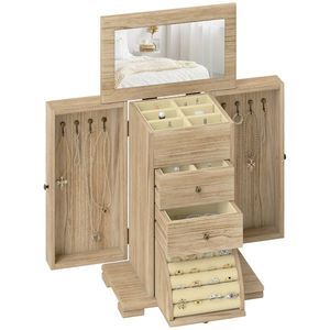 HOMCOM Cutie pentru bijuterii femei pe 4 nivele, cofret pentru bijuterii cu aripi, oglindă și 2 sertare, 26, 5 x 16 x 33, 5 cm, maro | Aosom Romania imagine