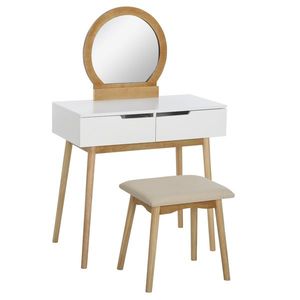 HOMCOM Coafetoare Design scandinav Masă de Machiaj cu Oglindă, 2 sertare și Taburet Alb pin Deschis | Aosom Romania imagine