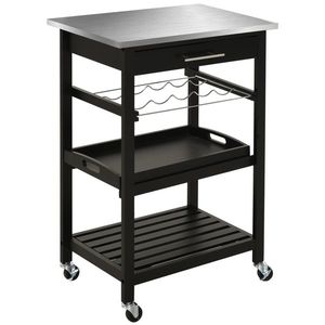 HOMCOM Carucior de Servire, carucior pentru bucatarie cu raft pentru sticle, 60L x 40l x 85h cm, blat din inox, negru | Aosom Romania imagine