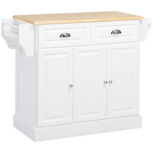 HOMCOM, Insulă de bucătărie pe roți, cu 2 sertare, suport pentru condimente și suport pentru ștergare, 110 x 45 x 91 cm, alb | Aosom Romania imagine