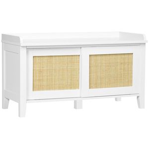 HOMCOM Banc de pantofi mobilier de depozitare cu ușă glisantă și fațade din răchită împletită 80 x 35 x 45 cm alb | Aosom Romania imagine