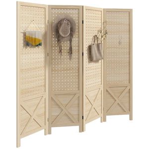 HOMCOM, Paravan interior din lemn, 4 panouri, separator de cameră pliabil, panou perforat, 152 x 1, 7 x 144, 5 cm, lemn natural | Aosom Romania imagine