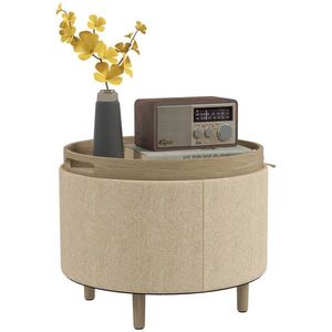 HOMCOM Pouf rotund taburet de odihnă cu depozitare, capac reversibil, mobilier 3 în 1 picior din lemn bej | Aosom Romania imagine