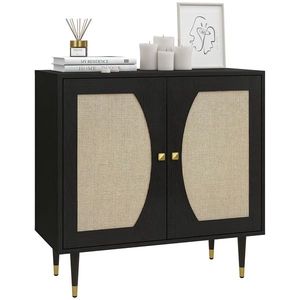 HOMCOM Bufet de bucătărie mobilier de depozitare design boem cu dublă uși și 2 nivele, fațadă din răchită 80 x 38 x 79 cm negru | Aosom Romania imagine