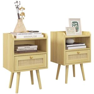 HOMCOM Set de 2 noptiere cu sertar efect răchită și spațiu deschis, 40 x 30 x 60 cm, efect lemn natural | Aosom Romania imagine