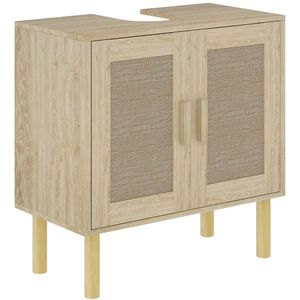 HOMCOM Mobila baie sub chiuveta mobilier sub chiuveta usi din rachita picioare din lemn de pin 2 nivele 60 x 30 x 60 cm stejar | Aosom Romania imagine