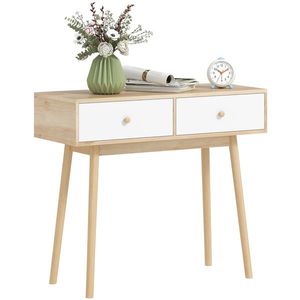 HOMCOM Masă de consolă cu 2 sertare și picioare din lemn, pentru living, intrare, hol, 86 x 35 x 75 cm, stejar și alb | Aosom Romania imagine