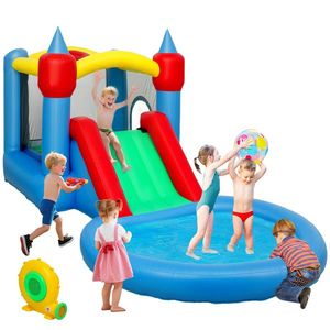 AIYAPLAY Castel gonflabil 4 în 1 cu tobogan, coș de baschet, piscină cu bile, ventilator 370W, 415 x 205 x 190 cm | Aosom Romania imagine