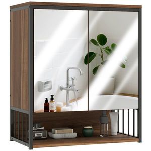 HOMCOM Dulap murale baie cu oglindă, dulap baie cu compartiment deschis ușă cu închidere amortizată maro | Aosom Romania imagine