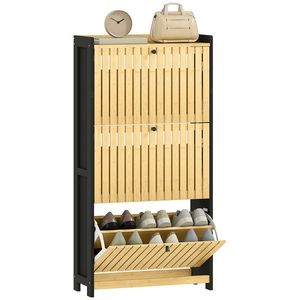 HOMCOM Mobila pentru pantofi 18 perechi cu 3 sertare rabatabile, uși din bambus cu lamele, 60x24x118cm, negru și lemn natural | Aosom Romania imagine