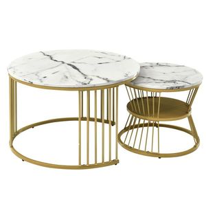 Set de 2 Măsuțe de Cafea Moderne, din MDF cu Finisaj Efect de Marmură și Structură Metalică Aurie, 70x70x47 cm și 45x45x40 cm, Alb imagine