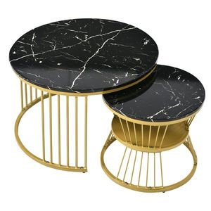 Set de 2 Măsuțe de Cafea Moderne, cu Blat cu Efect de Marmură și Cadru Metalic Auriu, Dimensiuni 70x70x47 cm și 45x45x40 cm, Negru imagine