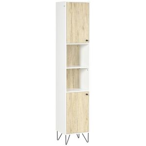Kleankin Dulap Înalt Baie, 2 Rafturi Deschise, 2 Dulapuri, Design Modern, Natural/Alb | Aosom Romania imagine