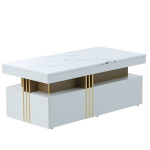 Măsuță de Cafea Modernă Dreptunghiulară cu Blat din PVC Efect Marmură și 2 Sertare din Lemn, 100x50x40 cm, Albă imagine